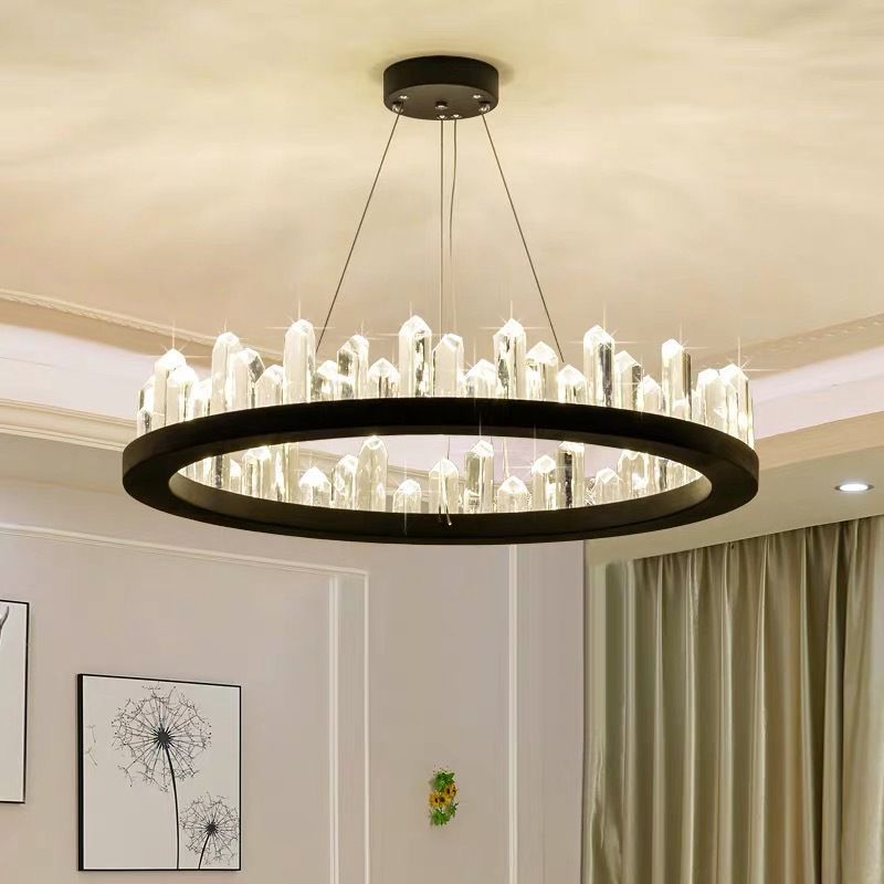 Ring Living Room LED Ceiling Lighting Metallic Postmodern Chandelier Light with Decorative Crystal in Black