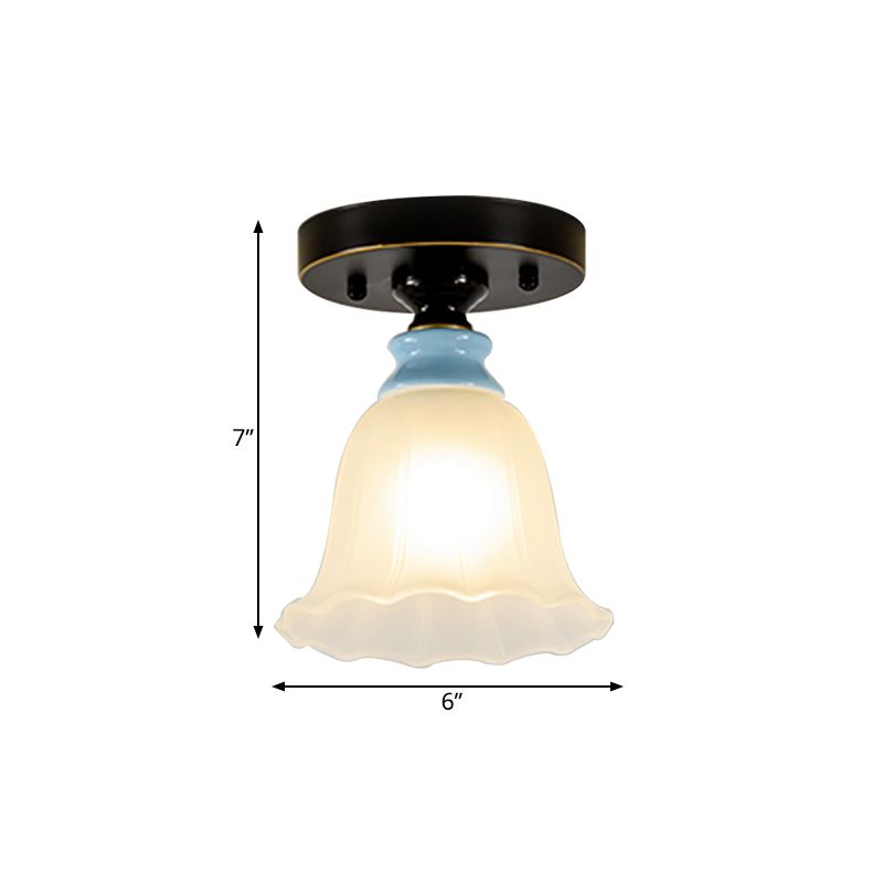 Frosted Glass Flared Flushmount Rural Style 1 Head Corridor Flush Mount Light in Black