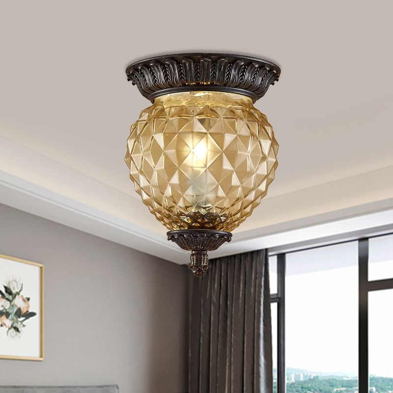 8"/12.5" W Prismatic Glass Black Flush Mount Lamp Urn-Shaped/Teardrop 2-Head Countryside Ceiling Mounted Fixture