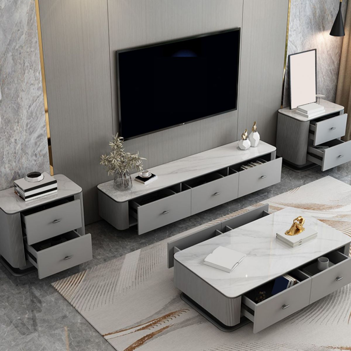 Contemporary TV Media Console Stone Stand Console with 3 Drawers