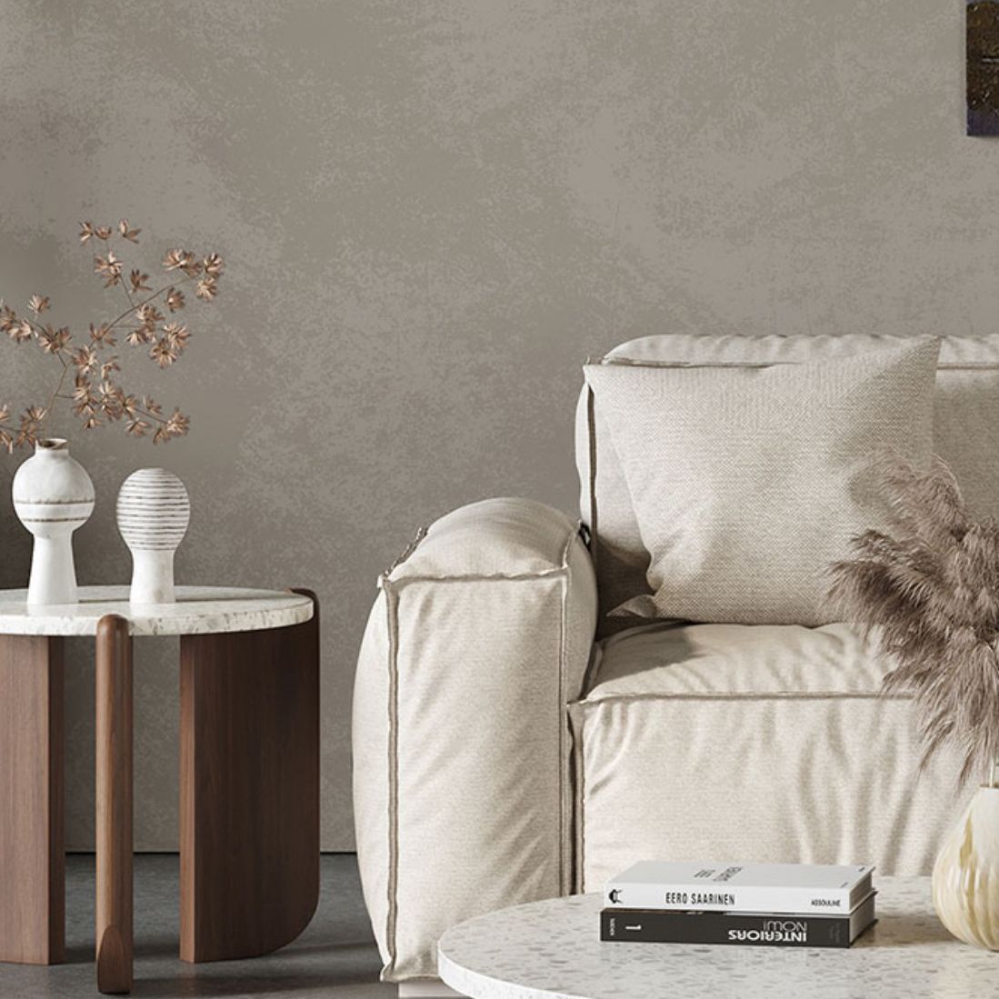 White Round Coffee Table Terrazzo and Pine Wood Cocktail Table Set