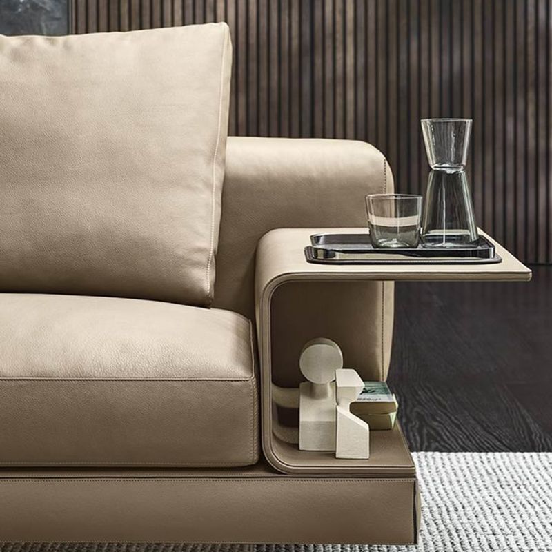 Contemporary Genuine Leather Sofa Square Arm Loose Back Sofa with Table