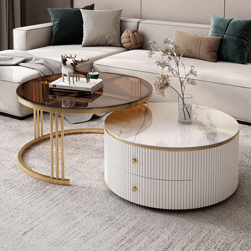 Round Frame Coffee Table Slate Nesting Coffee Table Set with Storage