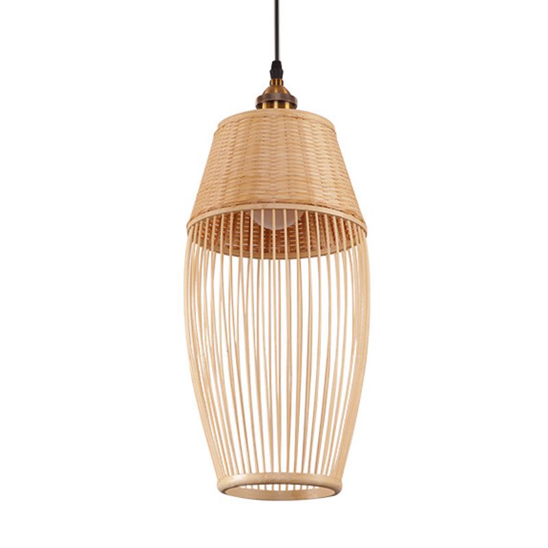Bamboo Rattan Oval Suspension Light Asian Style 1 Light Hanging Ceiling Lamp in Beige