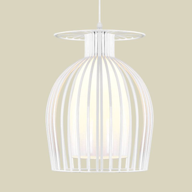 Cage en fer Cage vers le bas Éclairage moderne 1 pendentif suspendu léger en blanc avec une nuance en verre d'opale pour le restaurant