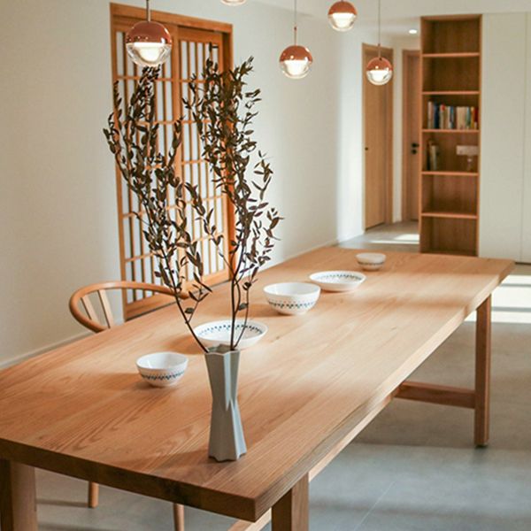 Modern Rectangular Light Brown Solid Wood Dining Table with Trestle