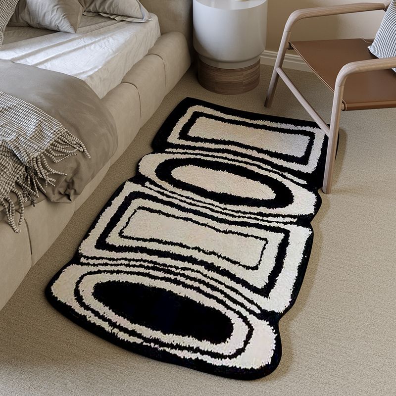 Modern Geometric Print Area Rug Black Polyester Area Carpet Non-Slip Backing Rug for Bedroom