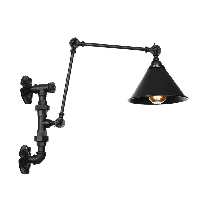 Cone/Flared Living Room Wall Lamp Fixture Industrial Iron 1-Light Black Rotatable Wall Light with Water Pipe Bracket