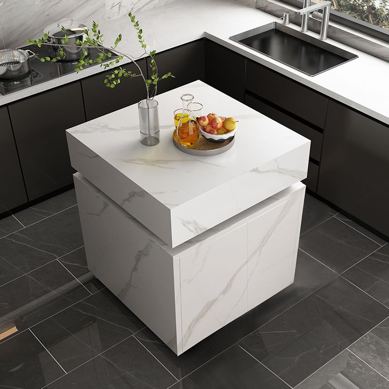 White Stone Contemporary Kitchen Island Table with Storage Cabinet