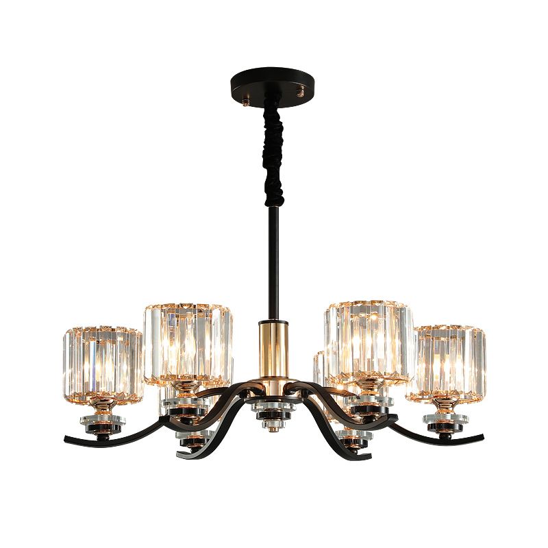 Simple Cylinder Hanging Ceiling Light Crystal Prisms 6-Bulb Bedroom Chandelier Lamp in Black
