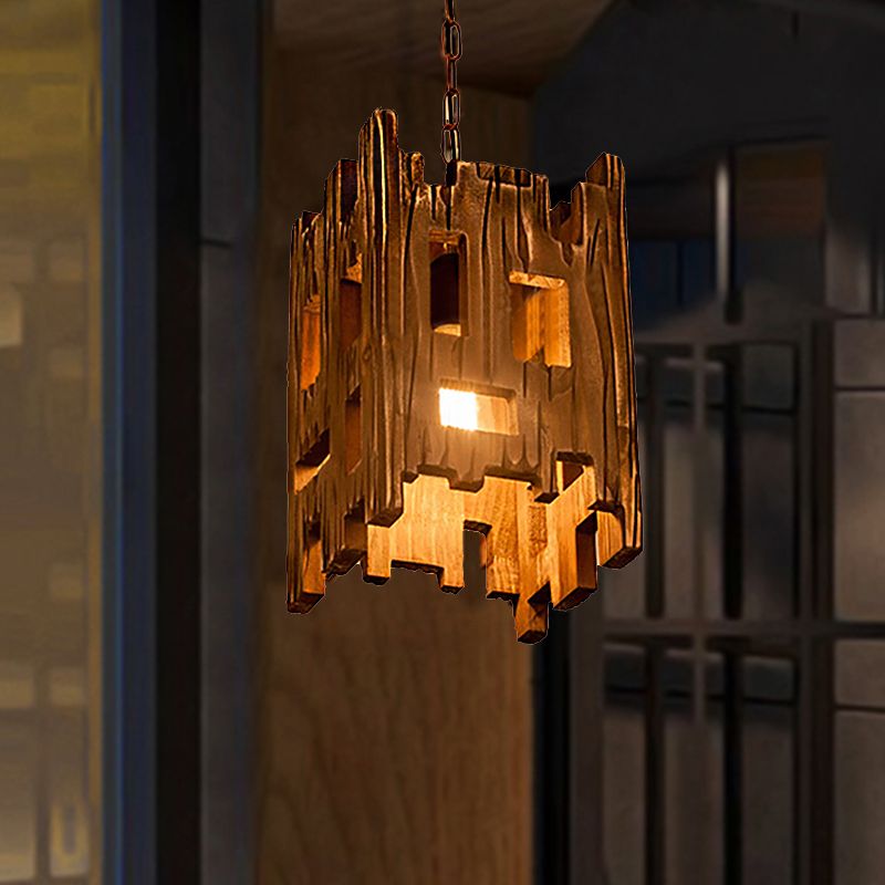 Brown Rectangle Pendant Fixture Antique Etched Wood 1/2/3-Light Dining Room Hanging Ceiling Light