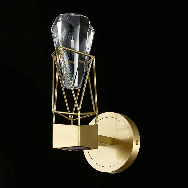 Brass Caged Sconce Lamp Postmodern Metal Wall Light Fixture with Crystal Rock Deco