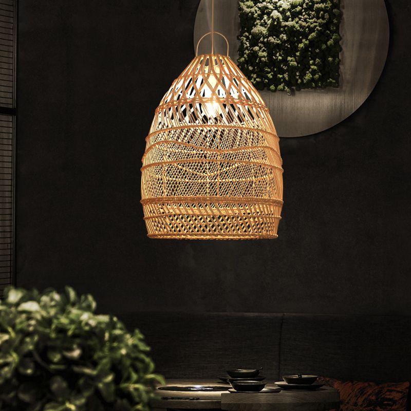 Asian Style Elongated Suspension Lighting Rattan 1 Head Restaurant Pendant Ceiling Light in Wood