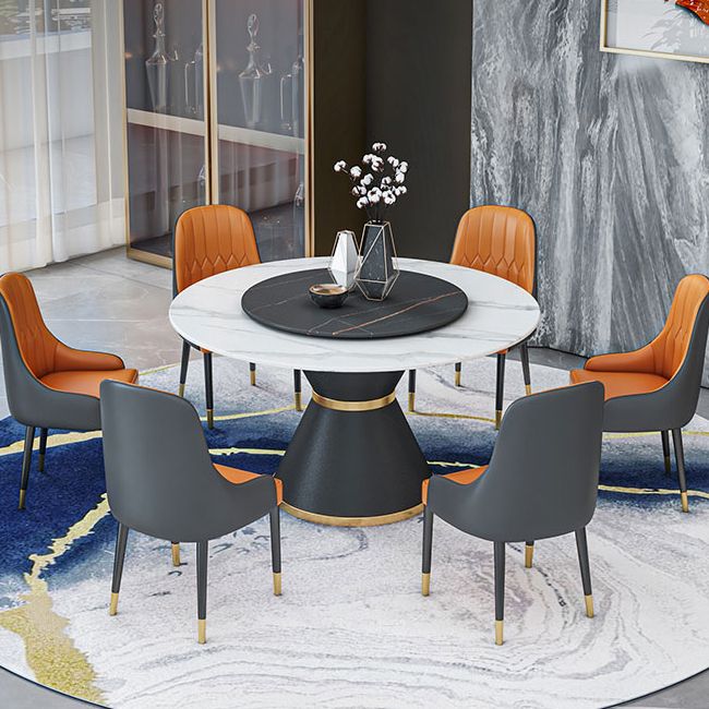 Round Stone Dining Table Black Base Traditional Luxury Dinette Table in White