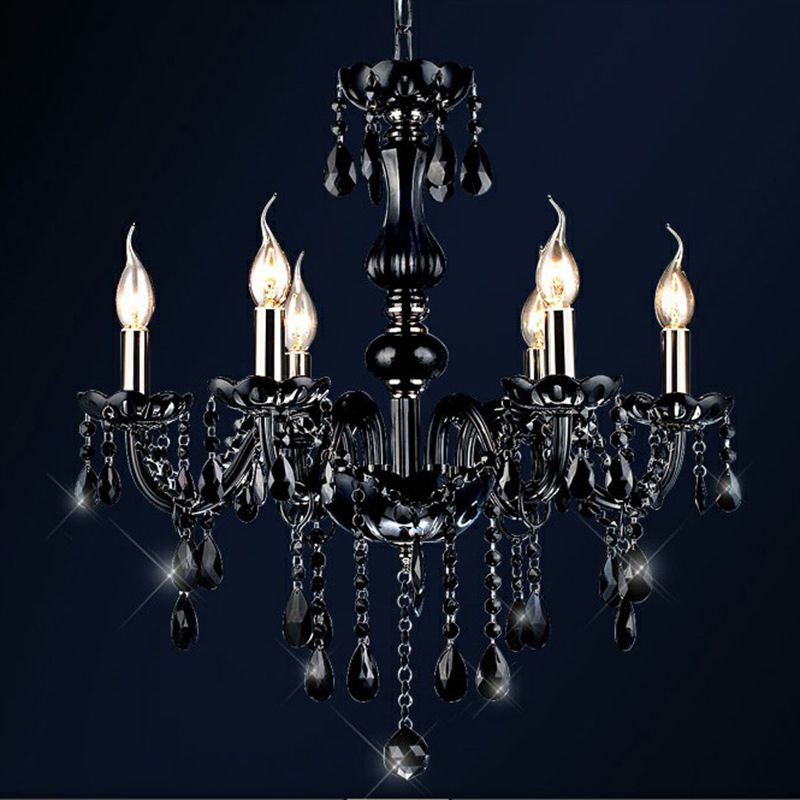 6-Light Candle Chandelier Vintage Black Crystal Ceiling Pendant Light for Living Room