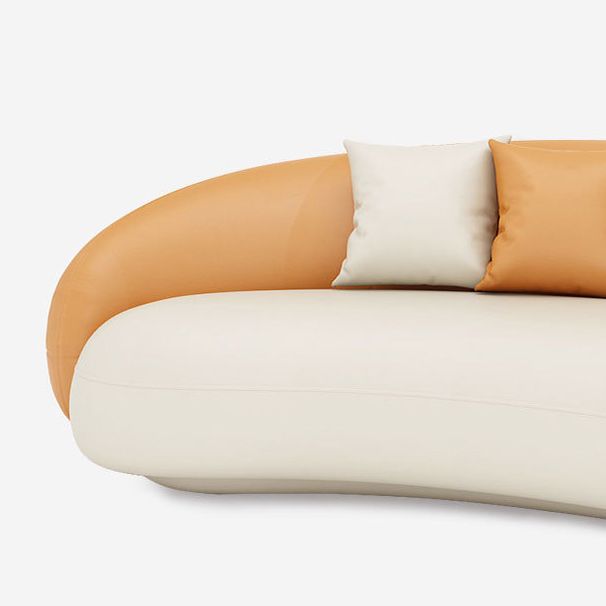 Contemporary Orange and White Curved Sofa in Leather with Sloped Arms