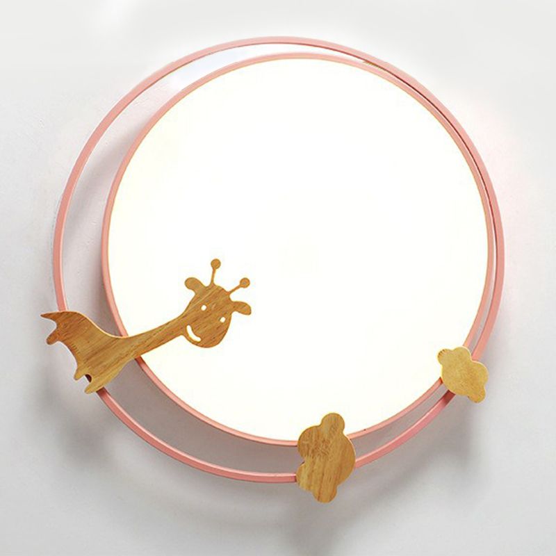 Circular Flush Mount Lighting Cartoon Metallic Kids Bedroom LED Flush Mount Fixture with Wooden Decor