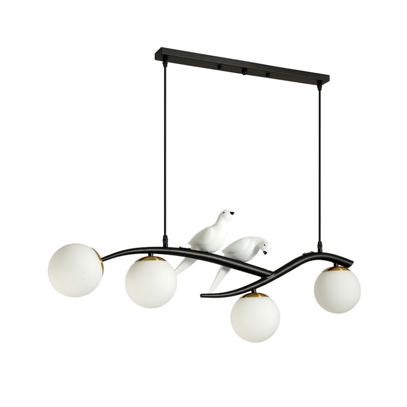 Lait blanc / fumée en verre gris globe lustre lumière minimale 4 lumières suspension suspension lumière en noir / or avec oiseaux déco