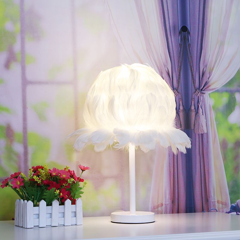 Fabric Feather Globe Table Lighting Modernism 1 Head White/Pink Nightstand Lamp for Bedroom