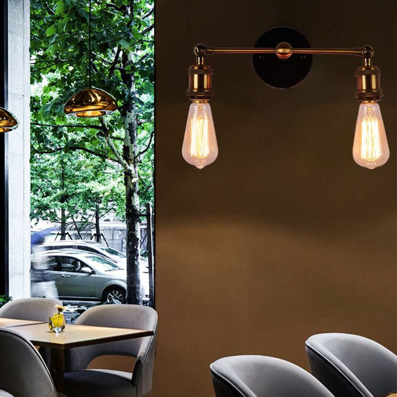 2 Lights Exposed Sconce Light with Bare Bulb Industrial Brass Finish Metal Wall Light Fixture for Coffee Shop