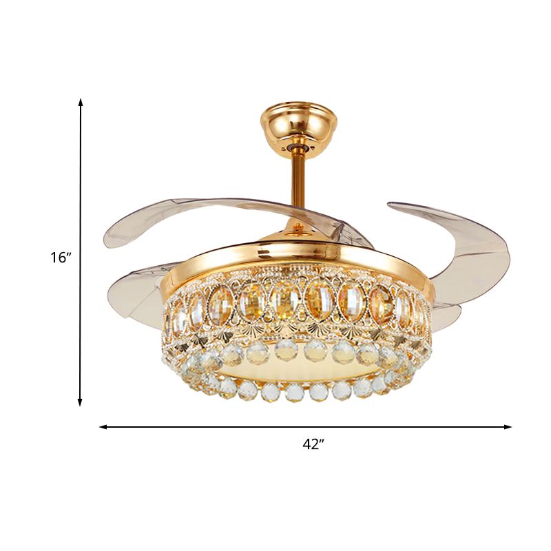 Vintage Crown LED Ceiling Fan Clear Crystal Ball LED Living Room Semi Flush Light in Gold