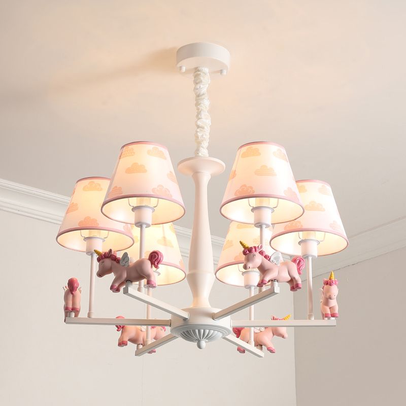 Print Fabric Conical Hanging Light Kids Style Pink Chandelier Light Fixture with Unicorn Deco