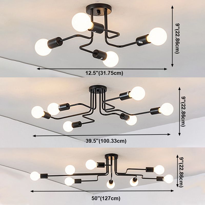 Black Radial Semi Flush Mount in Industrial Creative Style Lacquered Iron Ceiling Fixture