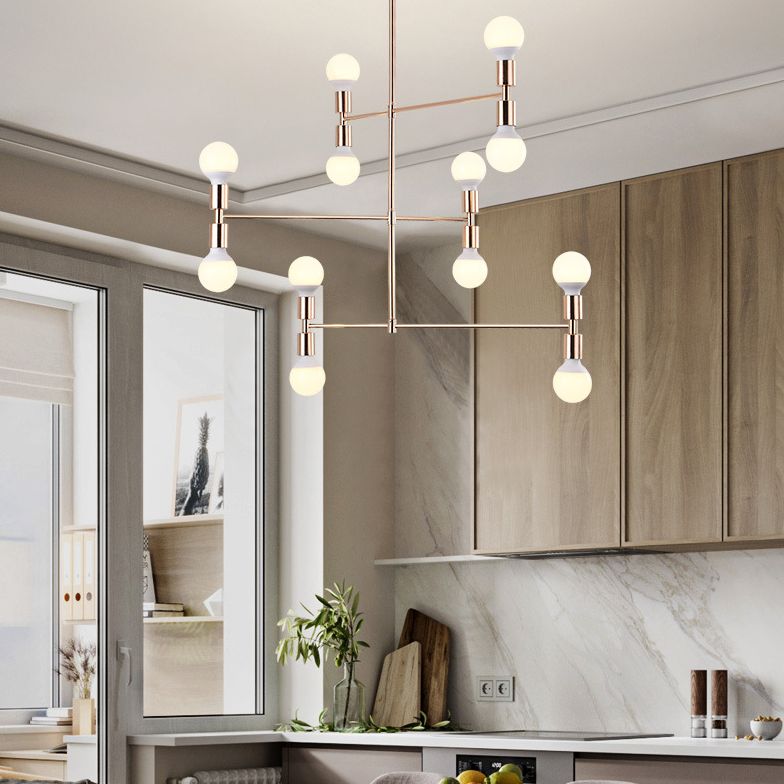 Postmodern 3-Arm Chandelier Metallic 12-Bulb Living Room Hanging Lamp with Shadeless Design