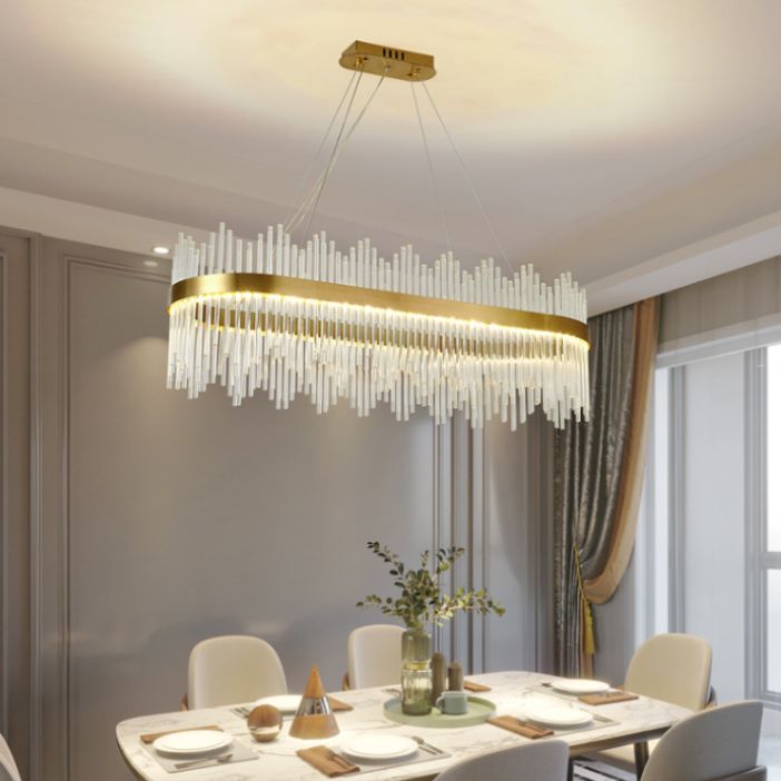 Lampadario dorato contemporaneo LED lineare cristallino su illuminazione dell'isola per soggiorno