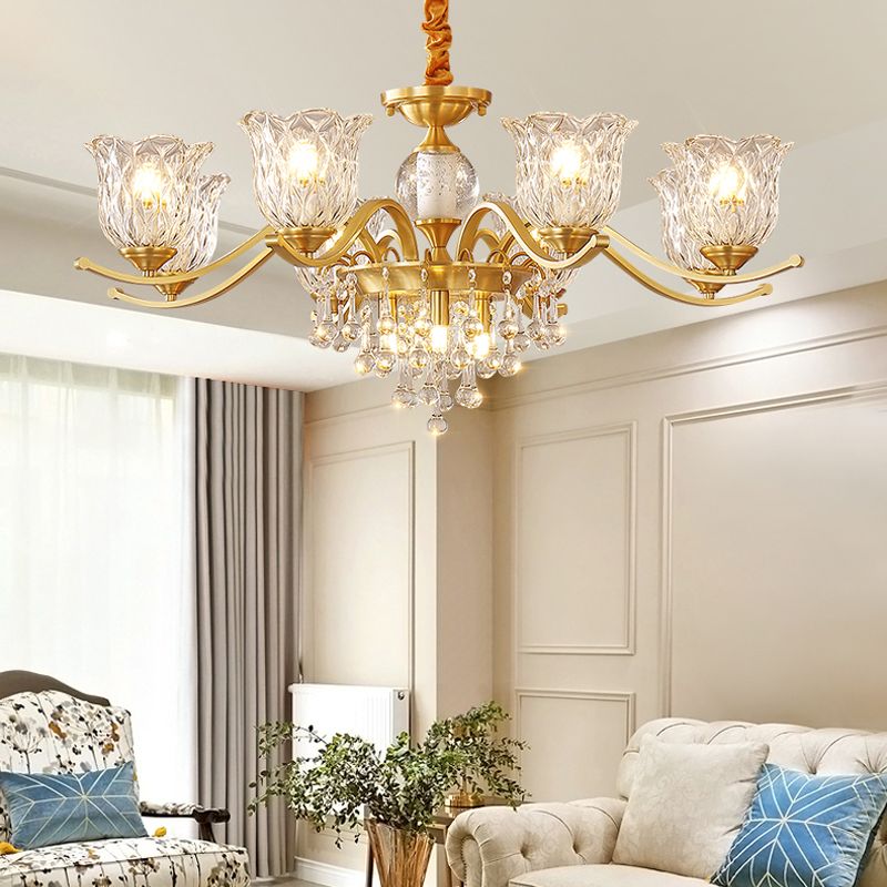European Style Chandelier Brass Flower Shape Hanging Light with Crystal for Bedroom