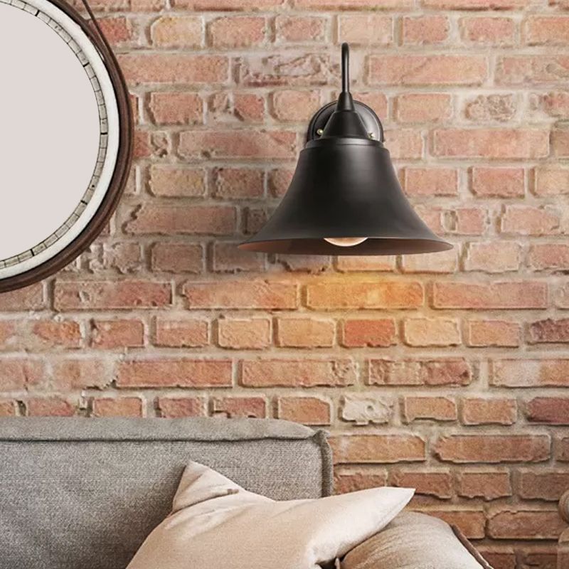 Single-Bulb Bell Shade Wall Lamp Farmhouse Black Iron Gooseneck Wall Mounted Light Fixture