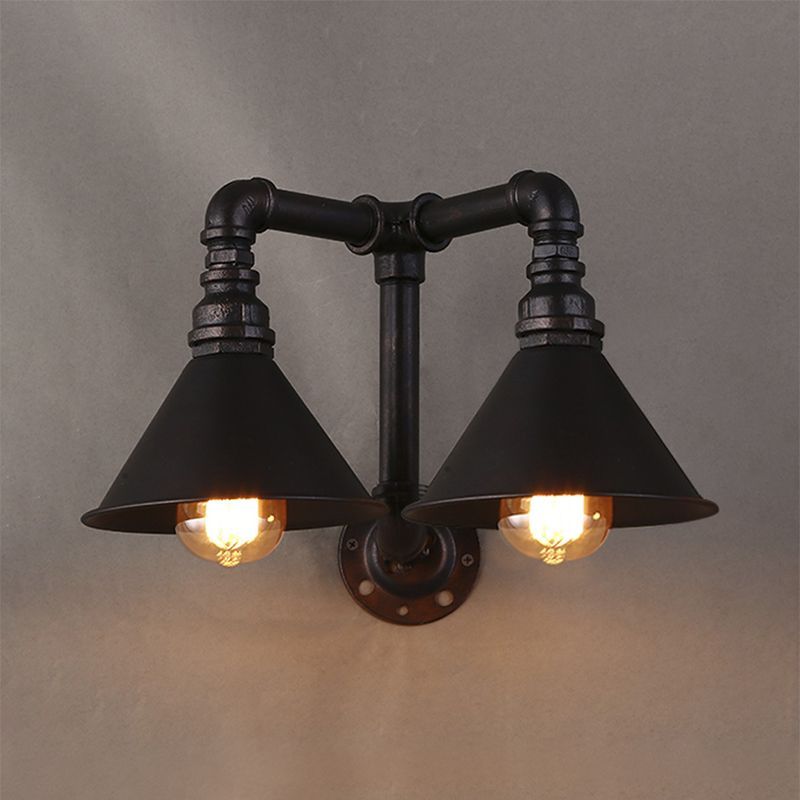 Vintage -Style -Kegelwandlampe mit Wasserrohr 2 Lichter Metallische Wandleuchte in Schwarz, 14,5/18,5 "Breite