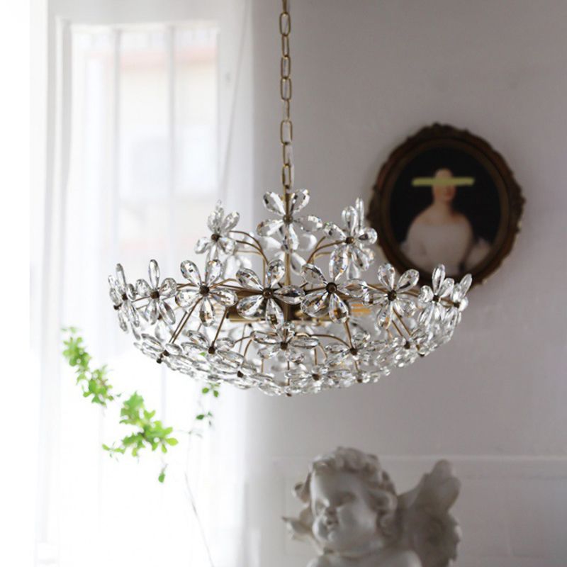 Vintage Brass Art Deco  Hanging Chandelier Light  Floral Clear Crystal  Interior Drop Lamp