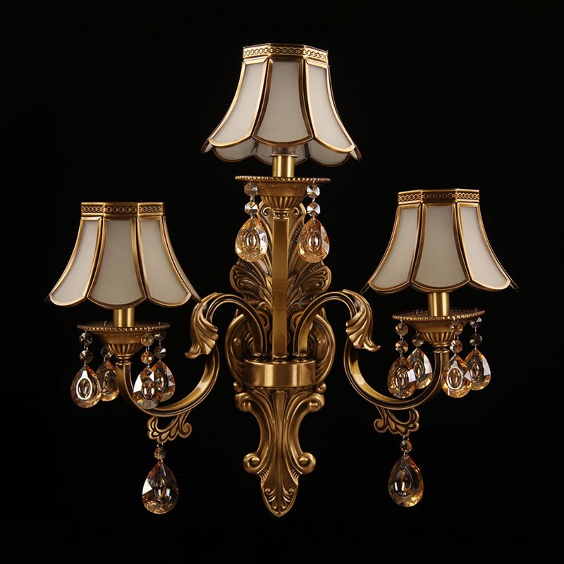 3 Heads Scalloped Wall Lighting Traditional Brass Finish Frosted Glass Sconce with Crystal Deco