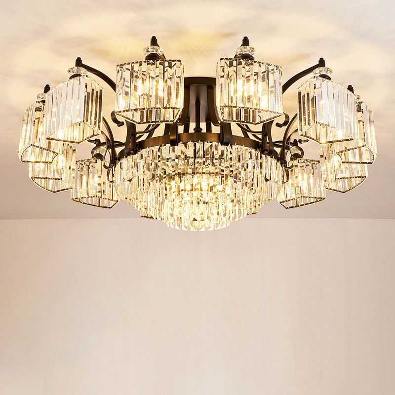 Tiered Living Room Ceiling Light Retro Clear Crystal Black Semi Flush Chandelier