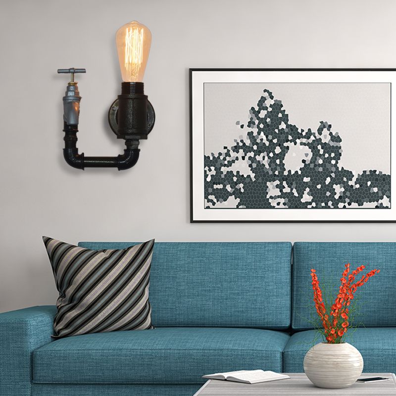 Black Water Pipe Wall Sconce Industrial Metal 1 Light Living Room Mini Wall Lighting with Gauge/Faucet Decoration