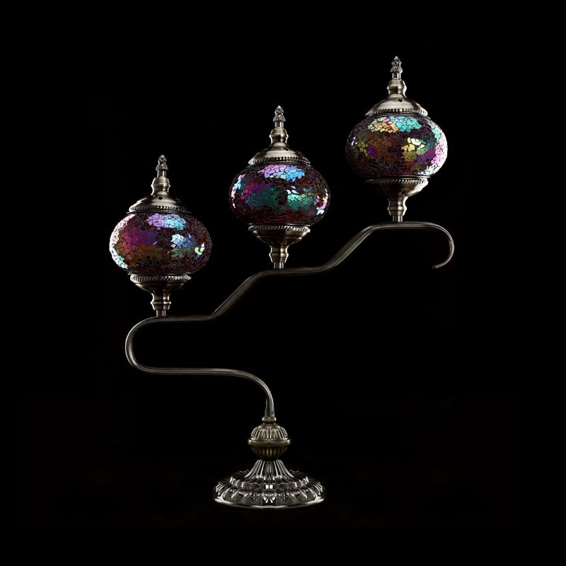 3 Heads Stained Glass Night Light Mediterranean Red/Orange/Blue Tower Bedroom Table Lamp with Step Design