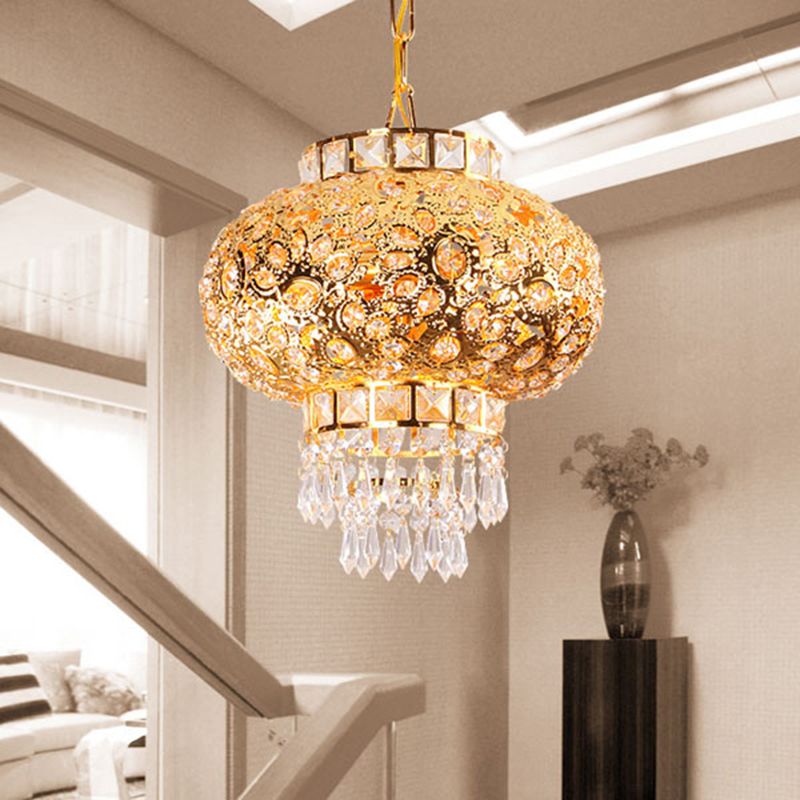 Gold Lantern Chandelier Retro Modern Crystal Hanging Light Fixture for Hallway