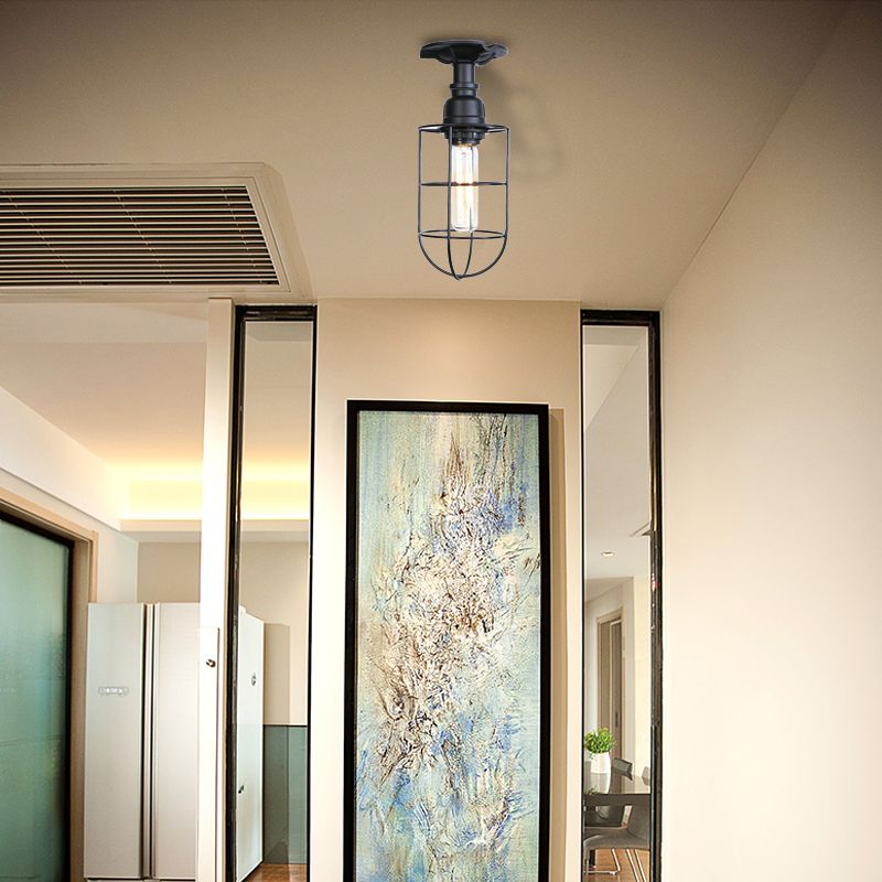 Black / Bronze 1 Bulb Semi-Flush Mount Light Vintage Metal Wire Guard Ceiling Mounted Light for Corridor