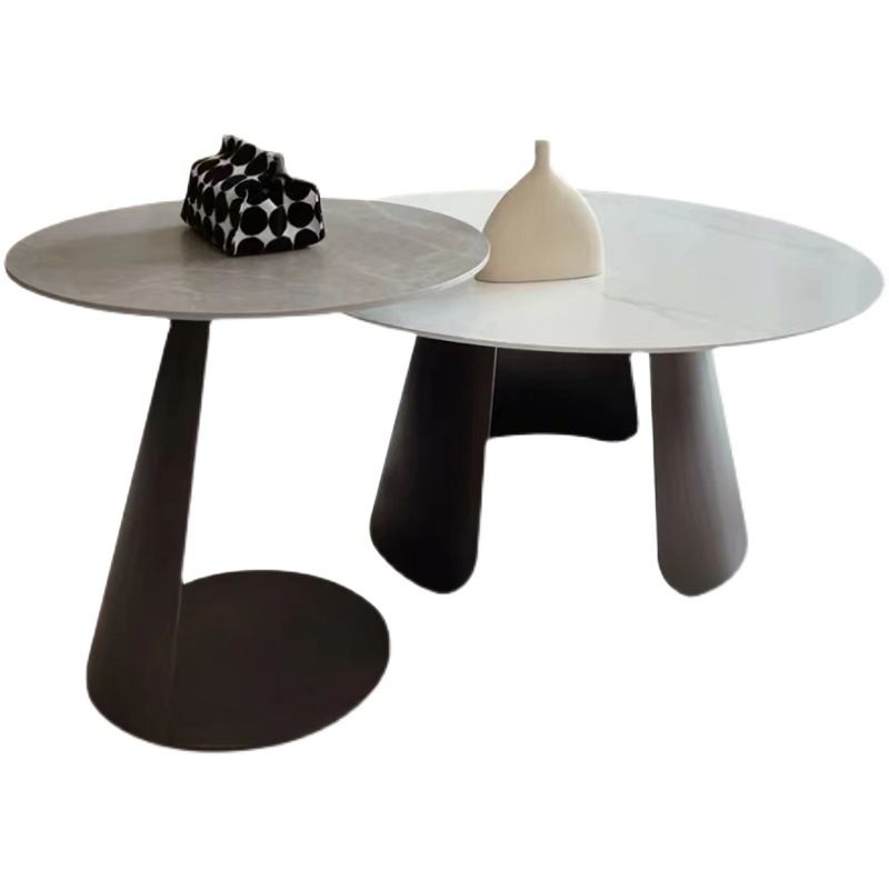 2-Piece Slate Round Coffee Table Set Modern White Simple Cocktail Table