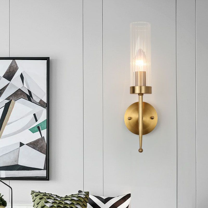 Fluted Glass Cylinder Wall Lamp Post-Modern 1 Head Gold Finish Sconce Light for Living Room