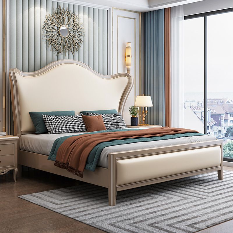 84.65 inch Wide Victorian Wingback Bed Rubberwood Bed with Upholstered Headboard