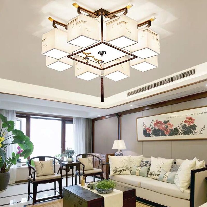 Multi-head Chinese Style Fabric Flush Mount Light Fixture for Living Room Dinning Room