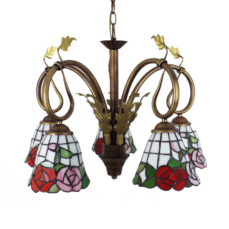 Rose Hanging Light with Adjustable Chain 5 Lights Stained Glass Rustic Chandelier Lamp in Red