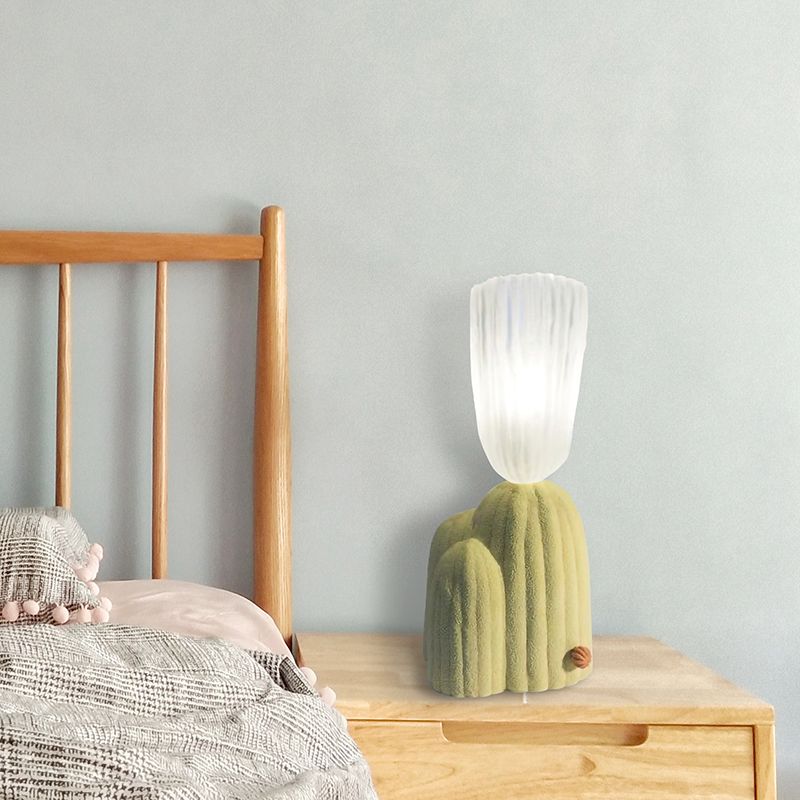 Resin Cactus Table Lamp Artistry 1-Light Nightstand Light with Floral Ribbed Glass Shade