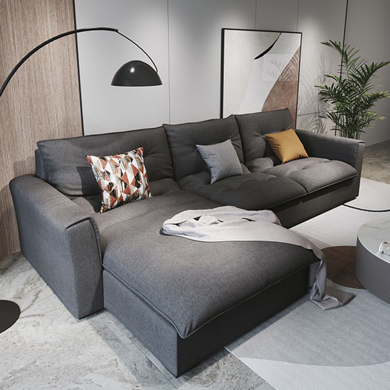 Modern Square Arm Sectional Gray Linen Sofa and Chaise for Apartment