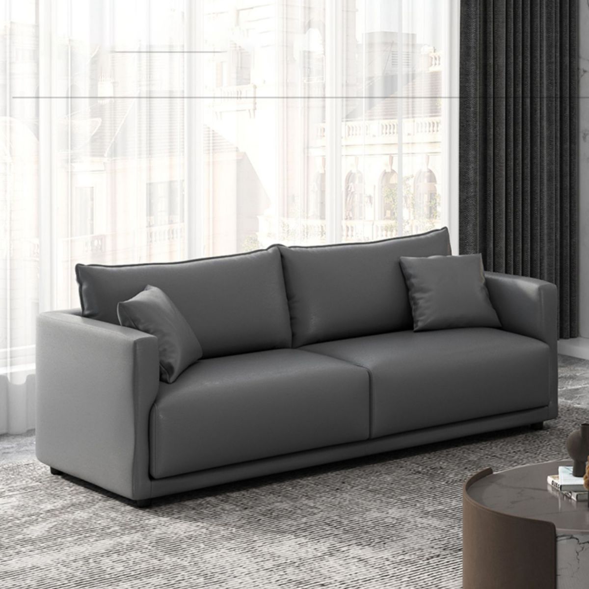 27.16" High Gray Sofa Faux Leather Tuxedo Arm Sofa with Pillows