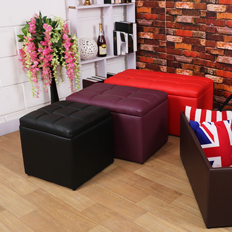 Modern Pouf Ottoman PU Leather Upholstered Tufted Square Ottoman with Storage
