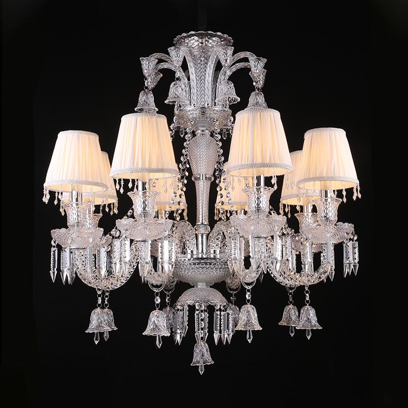 Pleated Shade Fabric Chandelier Antique 8-Bulb Living Room Pendant in White with Curvy Glass Arm and Crystal Drop