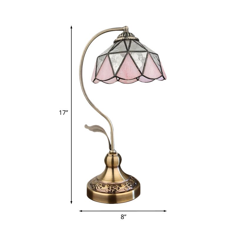 Barn Shape Table Lamp 1-Head Pink and Silver Triangle-Cut Glass Tiffany Nightstand Light in Bronze